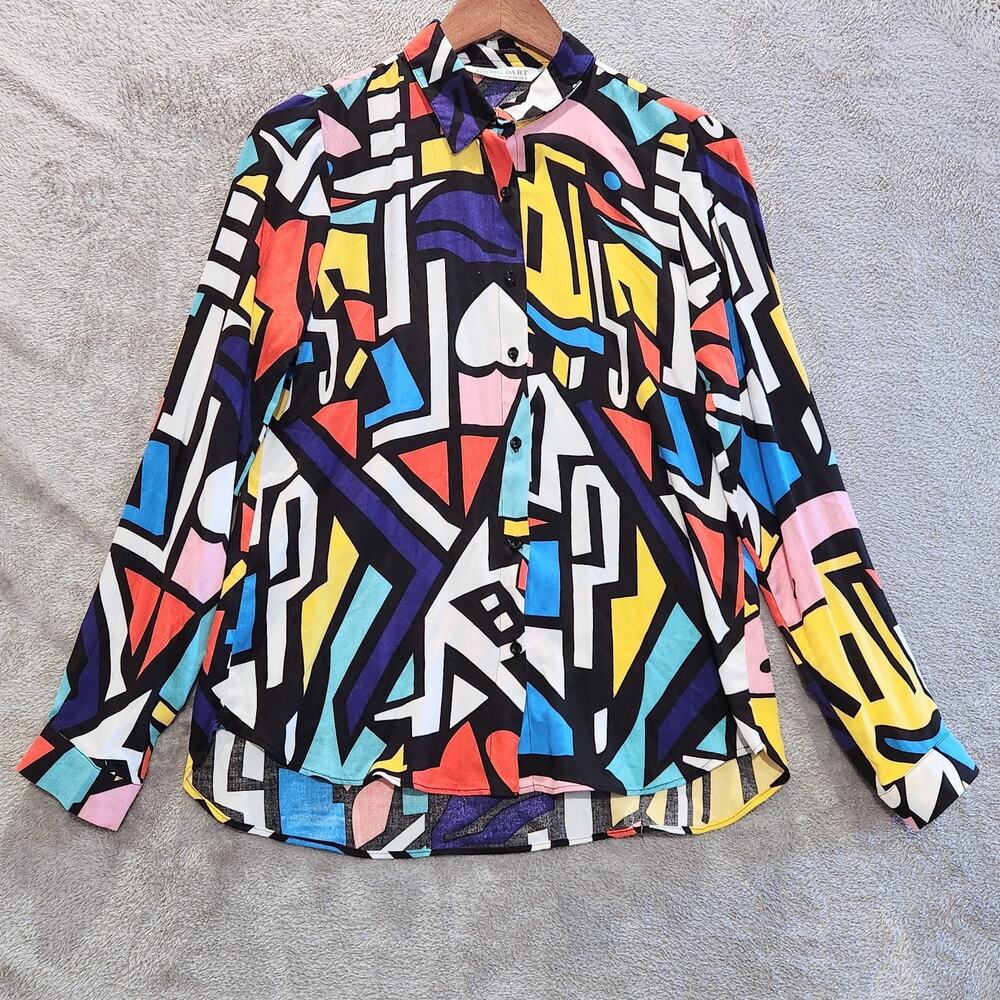 Big Dart Womens Multicolor 90s Abstract Button Up Blouse Wearable Art Retro Y2K